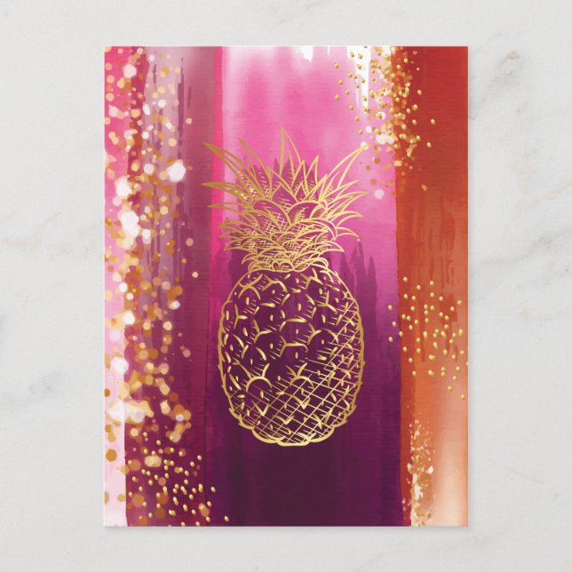 Pink Pineapple Gold Glitter Holiday Postcard (Front)