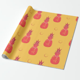 Pink pineapple on orange background. Seamless patt Wrapping Paper