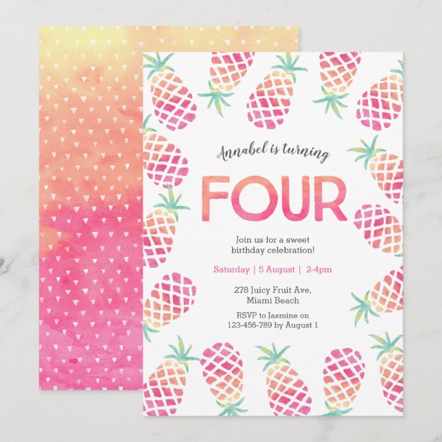 Pink pineapple tropical 4th birthday Invitation (Front/Back)