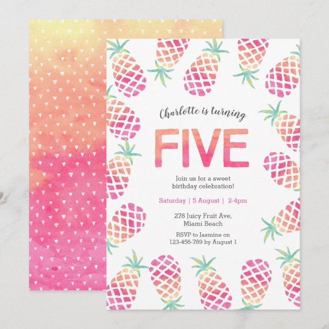 Pink pineapple tropical 5th birthday Invitation (Front/Back)