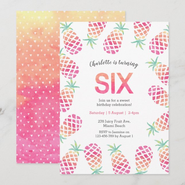 Pink pineapple tropical 6th birthday Invitation (Front/Back)