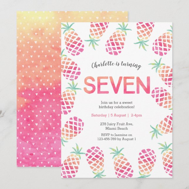 Pink pineapple tropical 7th birthday Invitation (Front/Back)