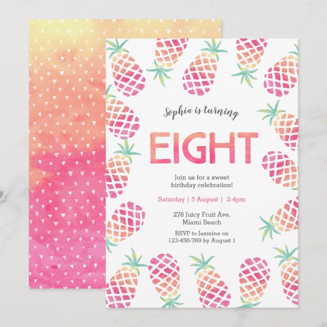 Pink pineapple tropical 8th birthday Invitation (Front/Back)