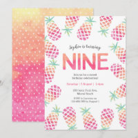 Pink pineapple tropical 9th birthday Invitation