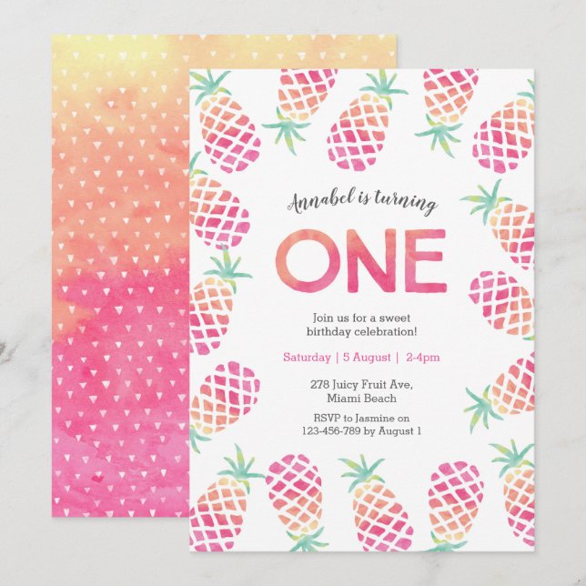 Pink pineapple tropical first birthday Invitation (Front/Back)