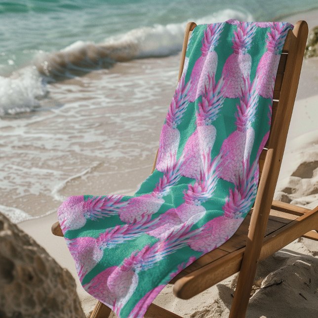 Pink Pineapples Caribbean Blue   Beach Towel (Pink pineapples on Caribbean blue!)