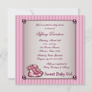 Pink Pinstripe Pink Booties Vintage Baby Girl Invitation