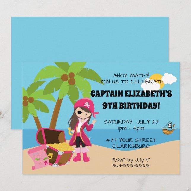 Pink Pirate Girl Birthday Party Invitation (Front/Back)