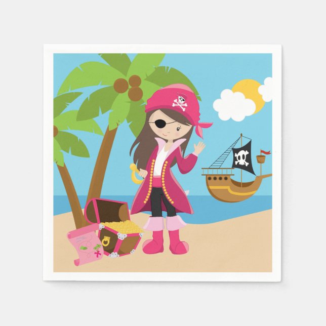 Pink Pirate Girl Birthday Party Napkin (Front)