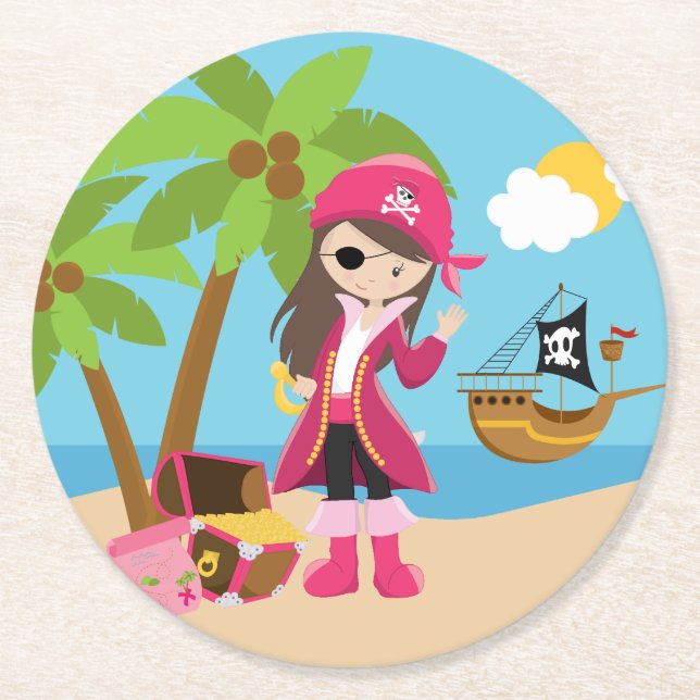 Pink Pirate Girl Birthday Party Round Paper Coaster (Front)