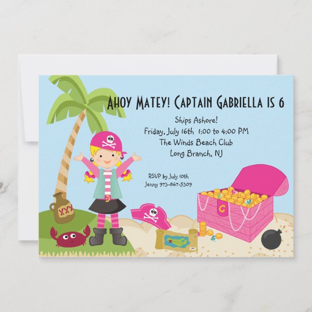 Pink Pirate Girl on an Island Birthday Invitation (Front)