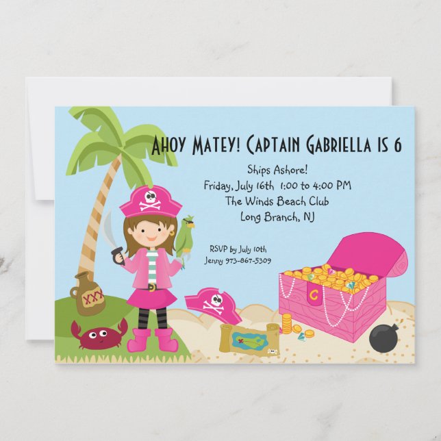 Pink Pirate Girl on an Island Birthday Invitation (Front)