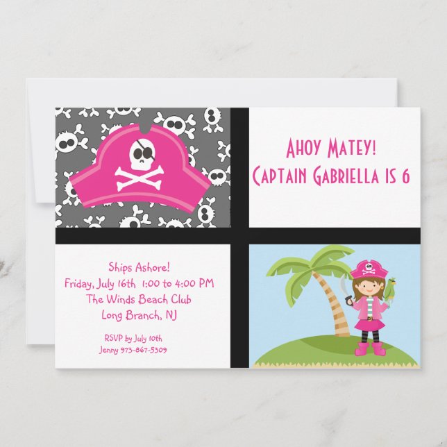 Pink Pirate Girl Squares Birthday Invitation (Front)
