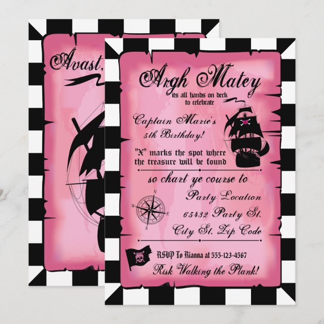 Pink Pirate Princess Birthday, 5x7 Invitation (Front/Back)