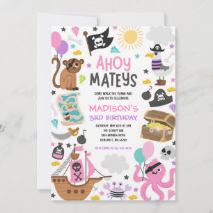 Pink Pirate Ship Treasure Girl Birthday Invitation