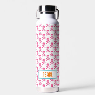 Pink Pirate Silhouette Modern NAME Birthday Theme  Water Bottle