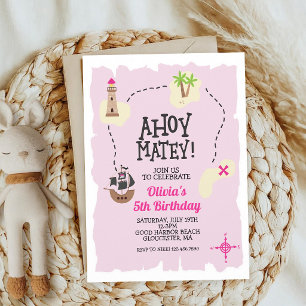 Pink Pirate Treasure Map Birthday Invitation