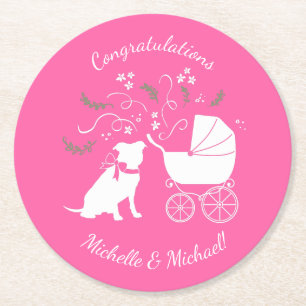 Pink Pit Bull Dog Baby Shower Round Paper Coaster