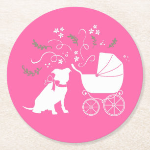 Pink Pit Bull Dog Baby Shower Round Paper Coaster