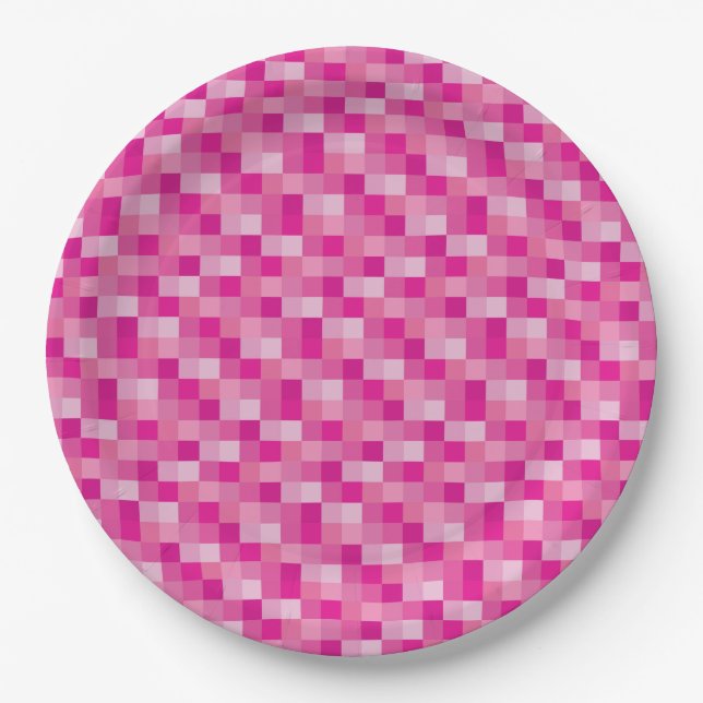 Pink Pixelated Pattern Paper Plate (Front)