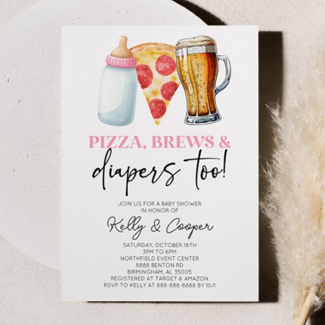 Pink Pizza Brews and Diapers Too! Baby Shower Invitation (Creator Uploaded)