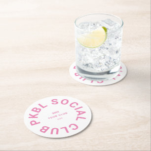 Pink PKBL Social Club Crest Pickleball Round Paper Coaster
