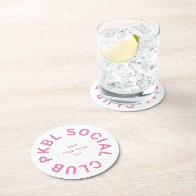 Pink PKBL Social Club Crest Pickleball Round Paper Coaster (Insitu)