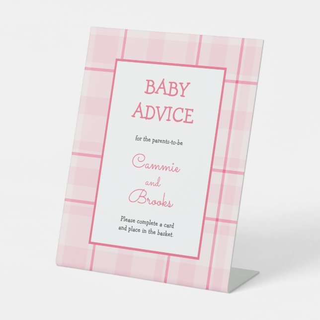 Pink plaid baby advice table sign (Front)