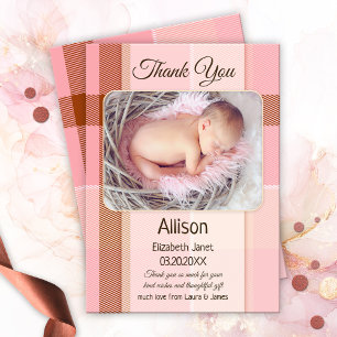 Pink Plaid Baby Girl Photo Thank You Card