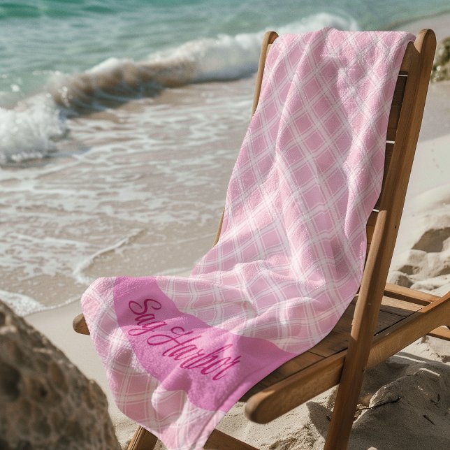 Pink Plaid Beach Towel with Personalised Text (Custom Beach Towel
)