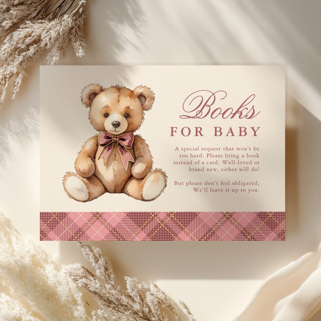 Pink Plaid Bear Baby Shower Books For Baby Enclosure Card (Creator Uploaded)