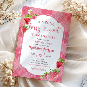 Pink Plaid Berry Sweet Girl Strawberry Baby Shower Invitation