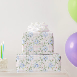 Pink Plaid Blue Blush Floral Birthday Wrapping Paper