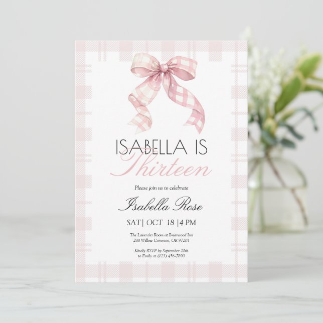 Pink Plaid Bow Birthday Invitation (Standing Front)