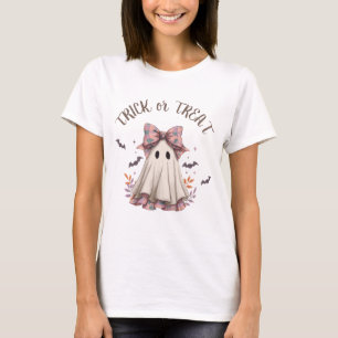 Pink Plaid Bow Cute Ghost Girl Halloween T-Shirt