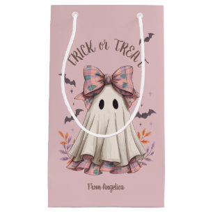 Pink Plaid Bow Cute Ghost Girl Halloween Treat Small Gift Bag