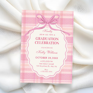Pink plaid bow graduation invitation