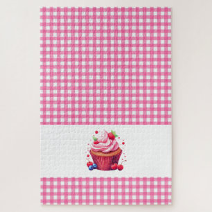 Pink Plaid Checkered Strawberry Cupcake Puzzles 