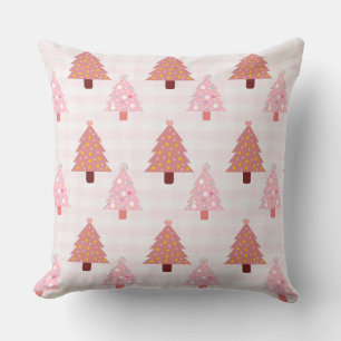 Pink Plaid Christmas Tree Throw Pillow