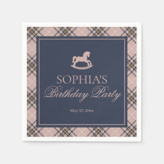 Pink Plaid Classic Rocking Horse Birthday Party Napkin