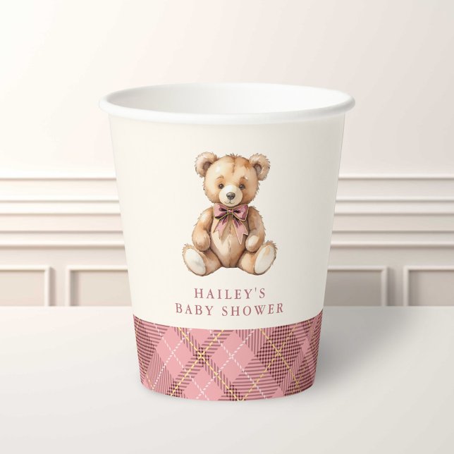 Pink Plaid Classic Teddy Bear Baby Shower Paper Cups (Creator Uploaded)