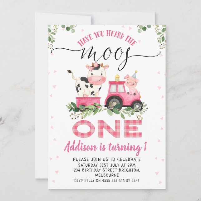 Pink Plaid Cow Moos First Birthday Invitation (Front)