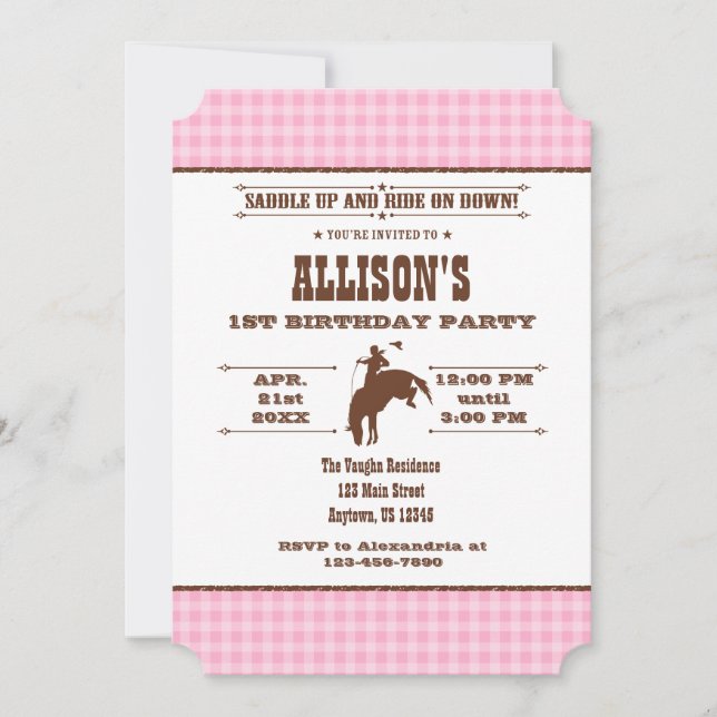 Pink Plaid Cowboy Rodeo Birthday Invitation (Front)