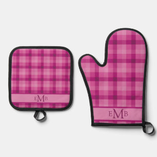 Pink Plaid Custom Monogram Initials Ladies Oven Mitt & Pot Holder Set