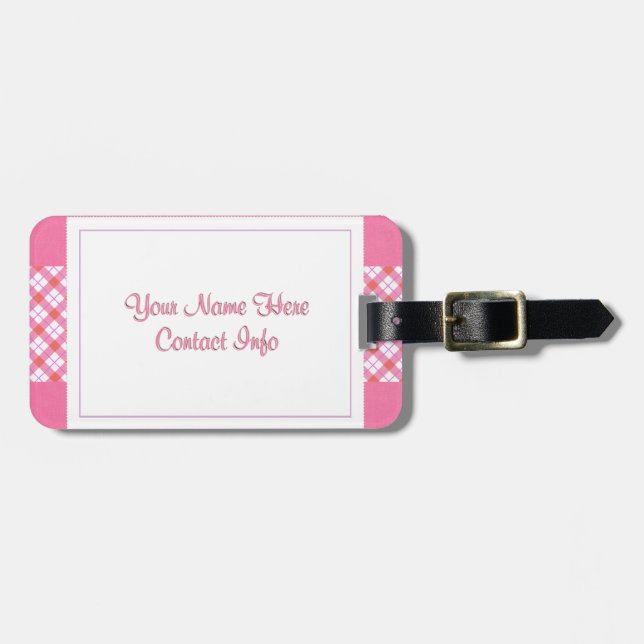 Pink Plaid Custom Script Text Area Luggage Tag (Front Horizontal)