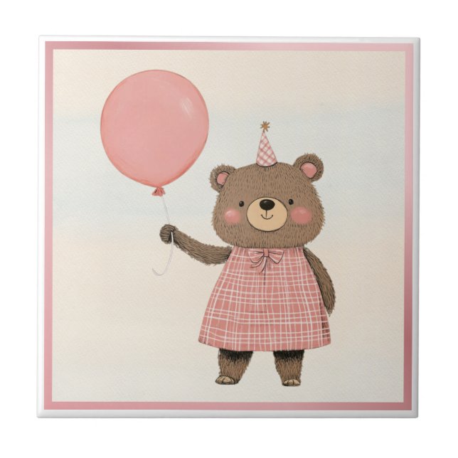 Pink Plaid Dress Bear with Bow and Hat Tile (Front)