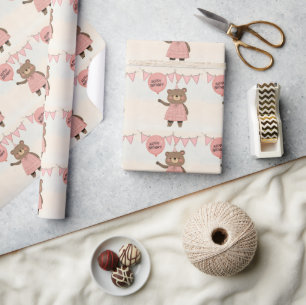 Pink Plaid Dress Bear with Bow and Hat Wrapping Paper