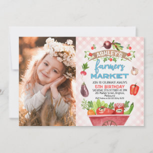 Pink Plaid Farmers Market Photo Birthday Invitation