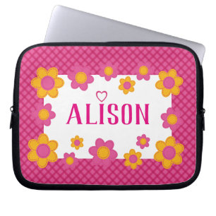 Pink plaid floral girls name cute spring design laptop sleeve