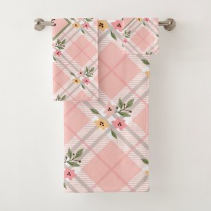 Pink Plaid Floral Monogram Bath Towel Set
